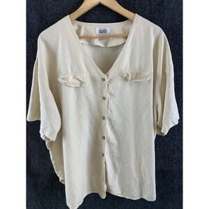 Sostanza Top Blouse Minimalist V-Neck Relaxed Button Up 100% Silk Beige Size 24W